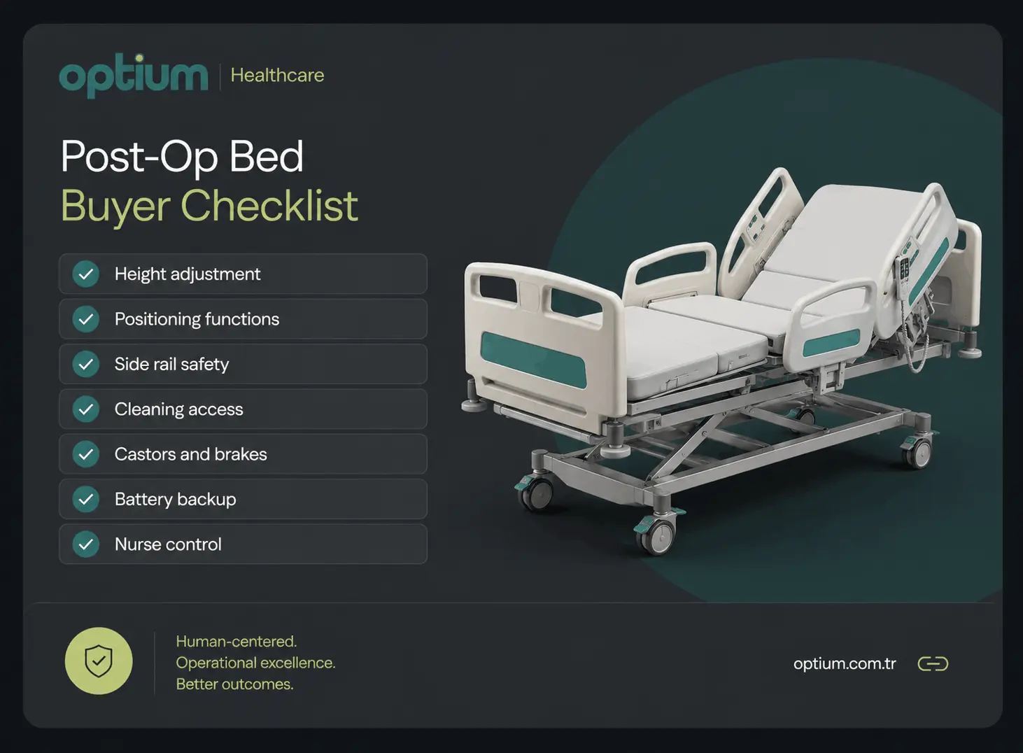 Post-op bed buyer checklist for hospital procurement teams covering height adjustment, positioning, side rail safety, cleaning access, castors, battery backup and nurse control.