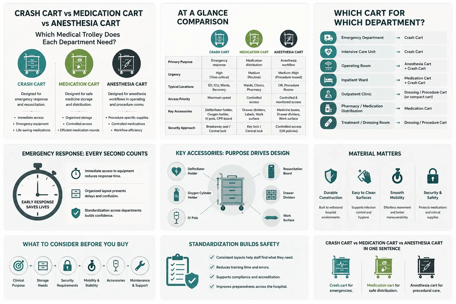 Hospital medical cart selection guide showing which carts are used in emergency departments, operating rooms, inpatient wards and treatment areas.